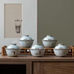 full set view of 100ml cute cat ceramic gaiwan tea cup