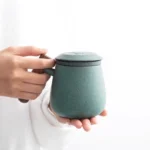 full view of 11.8oz minimalist ceramic tea infuser mug with wood handle