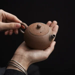hand holding 110ml mini brown clay gongfu teapot with infuser