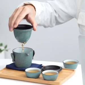 Full 115ml ceramic travel tea set open outside carry case