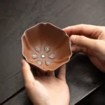 side view of 120ml brown petal shaped japanese clay tea cup