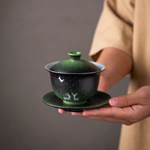 full view of 120ml gradient green porcelain gaiwan with deer moon design