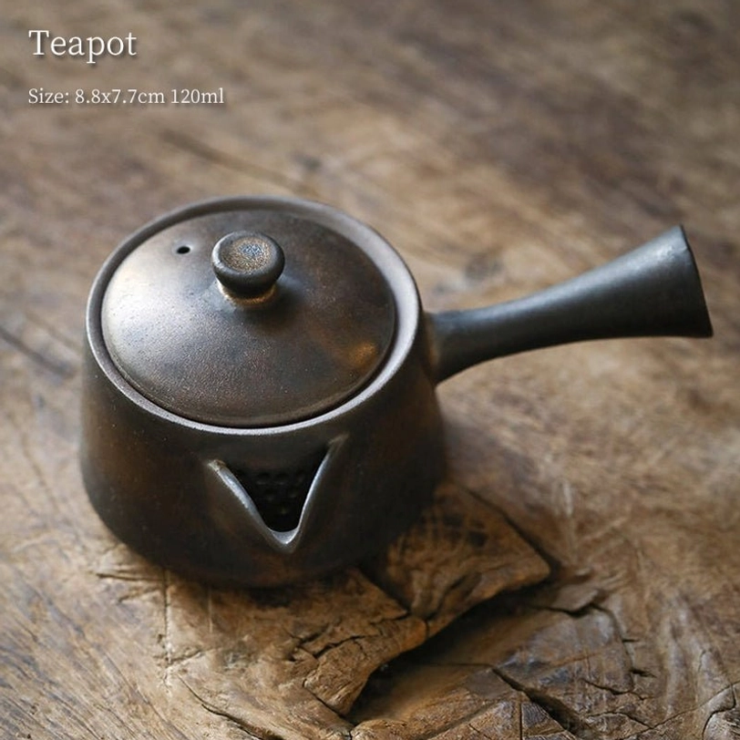 side view of retro wabi-sabi 120ml kyusu teapot with infuser