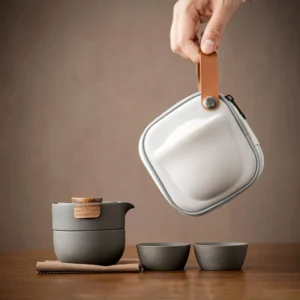 Full 125ml portable ceramic travel tea set with nested cups and storage case