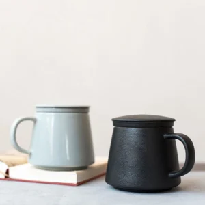 12oz ceramic tea infuser mug both matte black and glossy gray color options displayed
