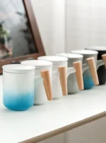 12oz ceramic tea infuser mug with wooden handle full product view