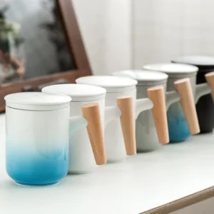 12oz ceramic tea infuser mug with wooden handle full product view