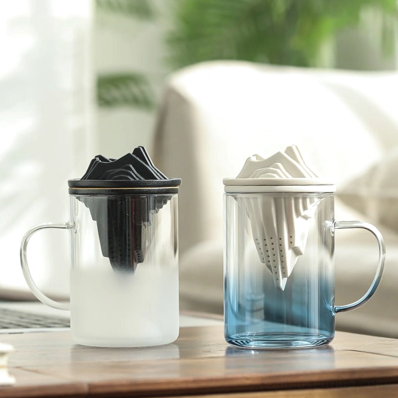 full product view of 12oz floating mountain glass tea infuser mug with infuser and lid