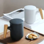 full view 12oz matte ceramic tea infuser mug with lid and wooden handle