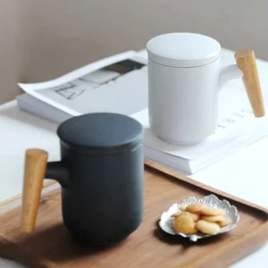 full view 12oz matte ceramic tea infuser mug with lid and wooden handle