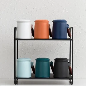 full view 13.5oz ceramic tea infuser mug with lid and wood handle