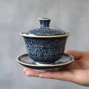 full view of 130ml blue jian zhan gaiwan with bowl lid and saucer