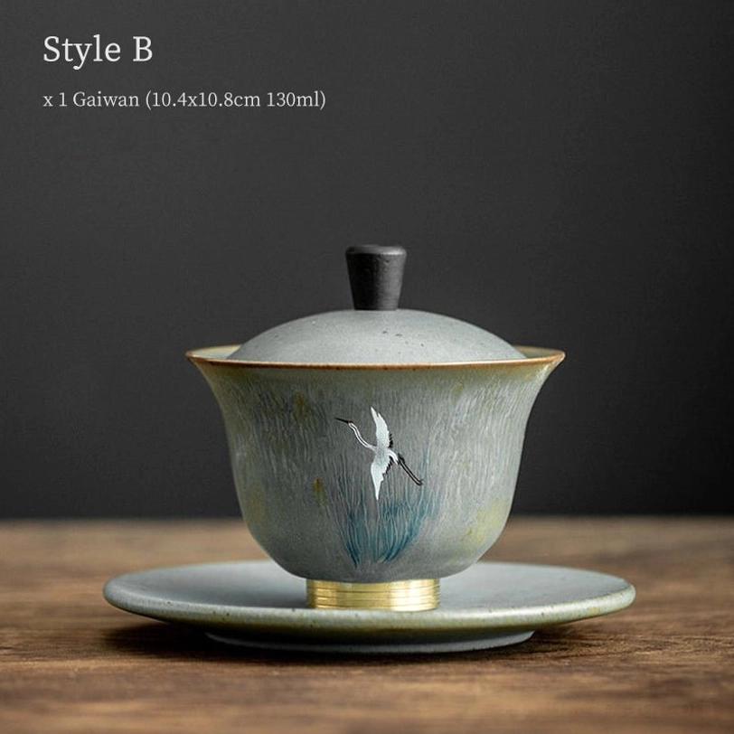 style b 130ml ceramic gaiwan tea cup with brass base accent