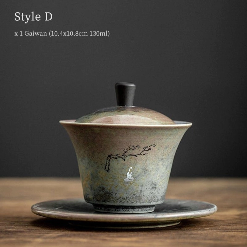 style d 130ml ceramic gaiwan tea cup with crane motif