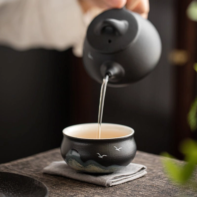 black chinese tea cup 140ml size reference for scale