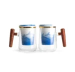 full product view of 14oz blue white landscape glass tea infuser mug with ceramic infuser wooden handle