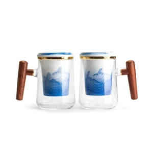 full product view of 14oz blue white landscape glass tea infuser mug with ceramic infuser wooden handle