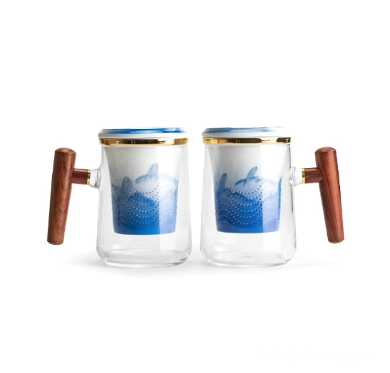 full product view of 14oz blue white landscape glass tea infuser mug with ceramic infuser wooden handle