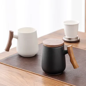 full assembled view of 14oz ceramic tea infuser mug with wooden handle