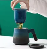 full set of 14oz ceramic tea infuser mug with lid, infuser and dark wood handle