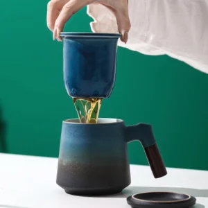 full set of 14oz ceramic tea infuser mug with lid, infuser and dark wood handle