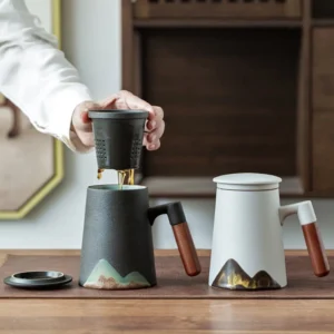 14oz mountain ceramic tea infuser mug with wooden handle, both black and white color variants