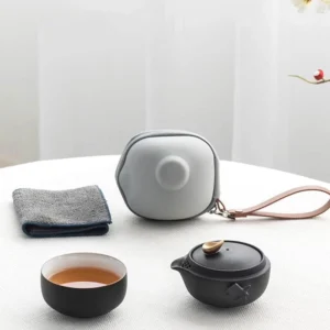 fully opened 150ml black ceramic travel tea set with all components