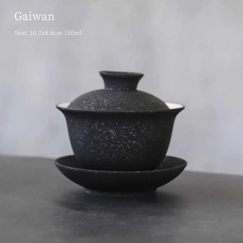 150ml 5oz capacity marked black speckled gaiwan tea cup with product specs