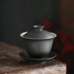 full view of 150ml matte black clay gaiwan 3-piece set