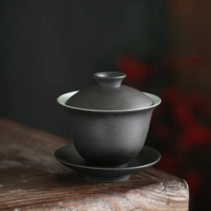 full view of 150ml matte black clay gaiwan 3-piece set
