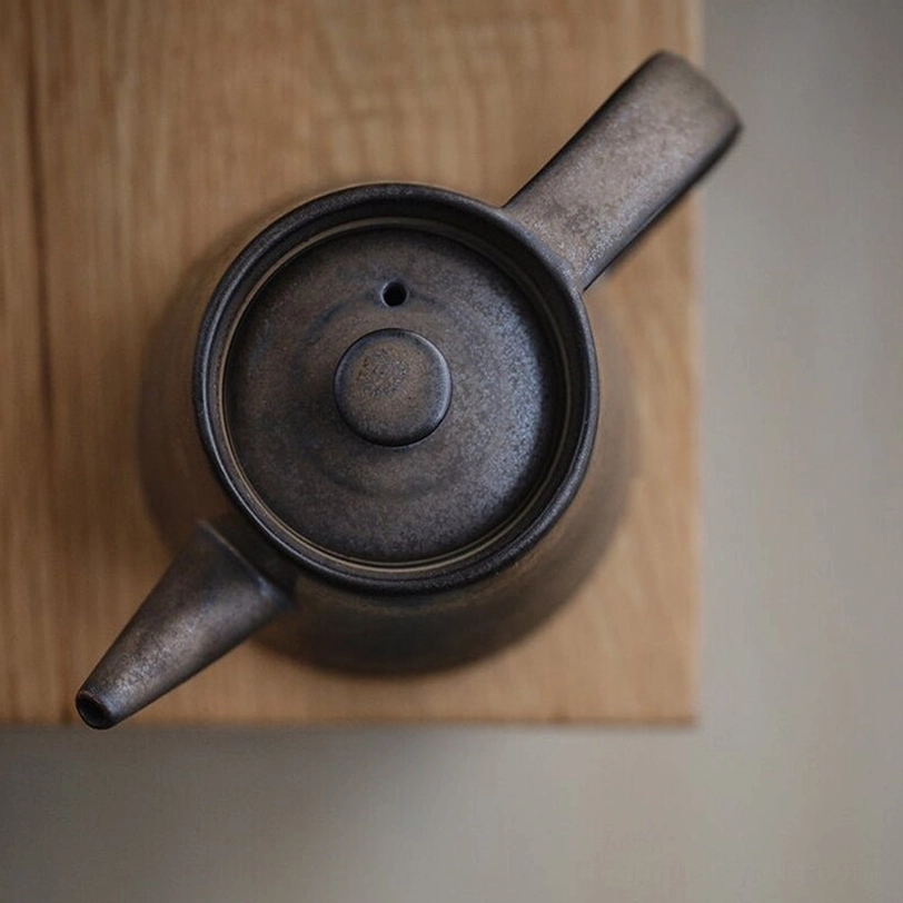 top view 150ml retro dark grey ceramic teapot showing vented lid