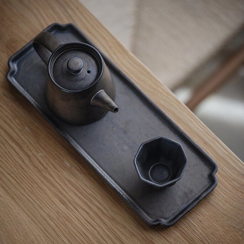 150ml retro dark grey ceramic teapot on matching tea tray