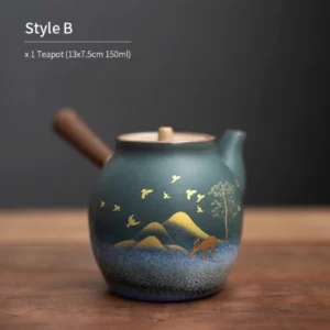 150ml Starry Sky ceramic kyusu teapot with wooden side handle and golden landscape pattern