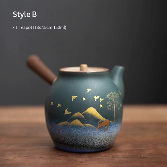 150ml Starry Sky ceramic kyusu teapot with wooden side handle and golden landscape pattern