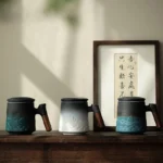 full view 15oz mountain wave ceramic tea infuser mug with lid and wood handle