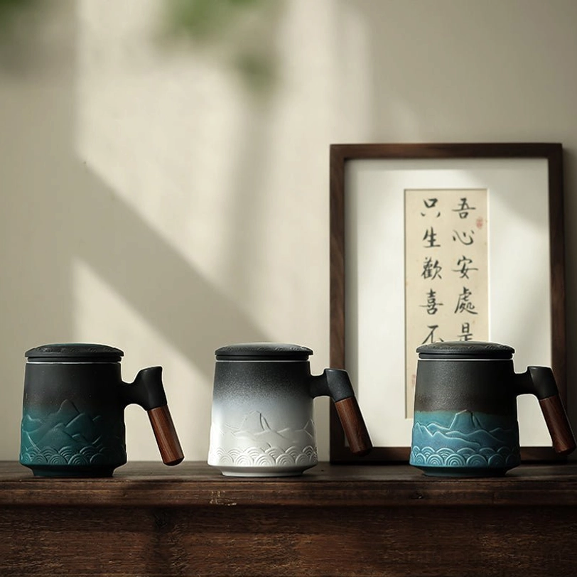 full view 15oz mountain wave ceramic tea infuser mug with lid and wood handle