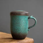 full view of 15oz vintage blue green ceramic tea infuser mug with lid and crackle glaze