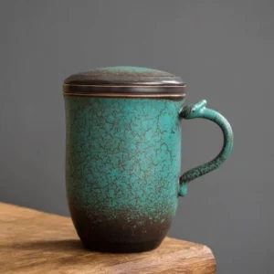 full view of 15oz vintage blue green ceramic tea infuser mug with lid and crackle glaze