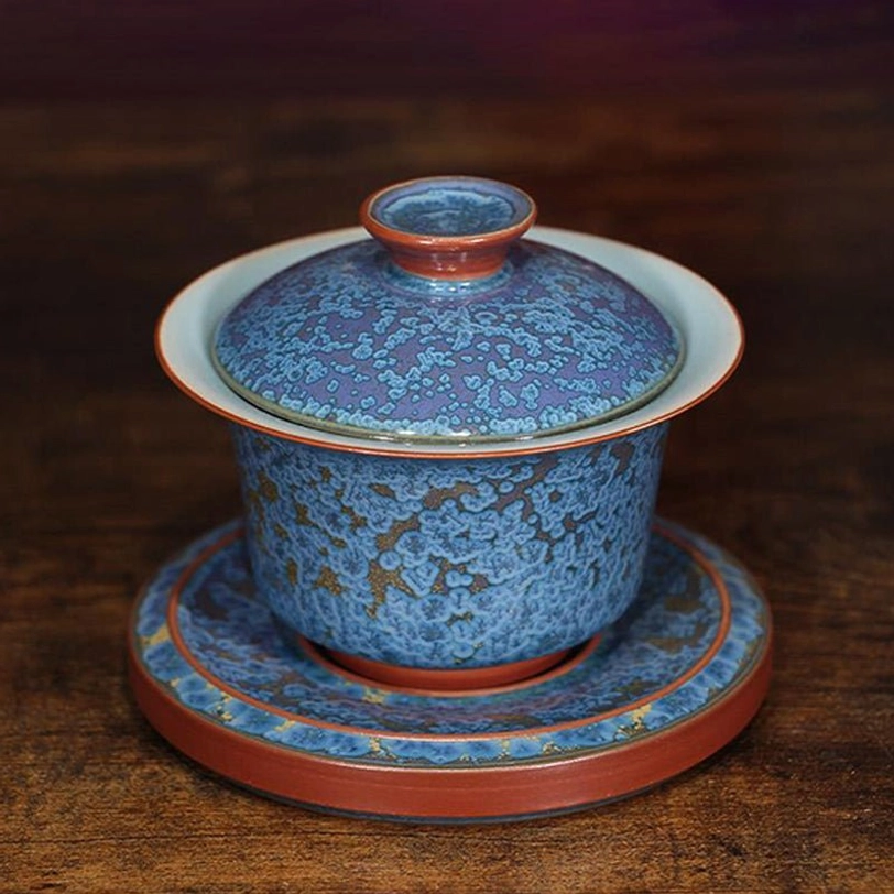 full set view of 160ml blue jun kiln gaiwan tea set