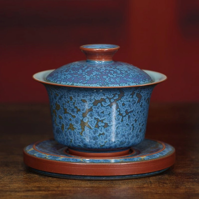 side profile of 160ml blue jun kiln gaiwan tea cup