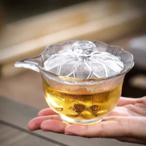 160ml frosted glass gaiwan tea cup with lotus lid side handle main view