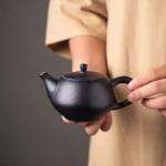 170ml black ceramic teapot with built-in infuser front view