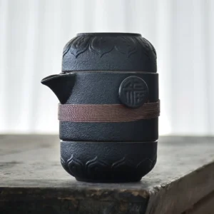 full view of 170ml black ceramic portable travel kung fu tea set with lotus pattern