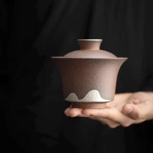 170ml rough clay gaiwan tea set full view with mountain landscape design