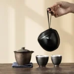 full set view of 180ml ceramic travel tea set with carry bag