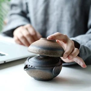 full set of 180ml rough ceramic travel tea set on wooden table