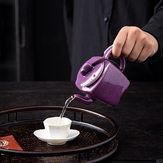 back view of 180ml square purple ceramic teapot with infuser