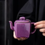 front view of 180ml square purple ceramic teapot with infuser