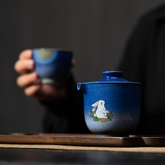 Gradient blue teapot and matching cup of 180ml portable travel tea set