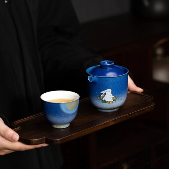 Rabbit moon design on 180ml gradient blue ceramic travel tea set teapot